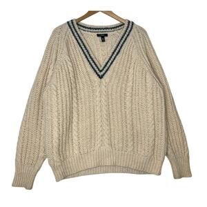 AQUA Cream Blue Vneck Varisty Wool Blend Sweater Preppy Gossip Girl College sz L